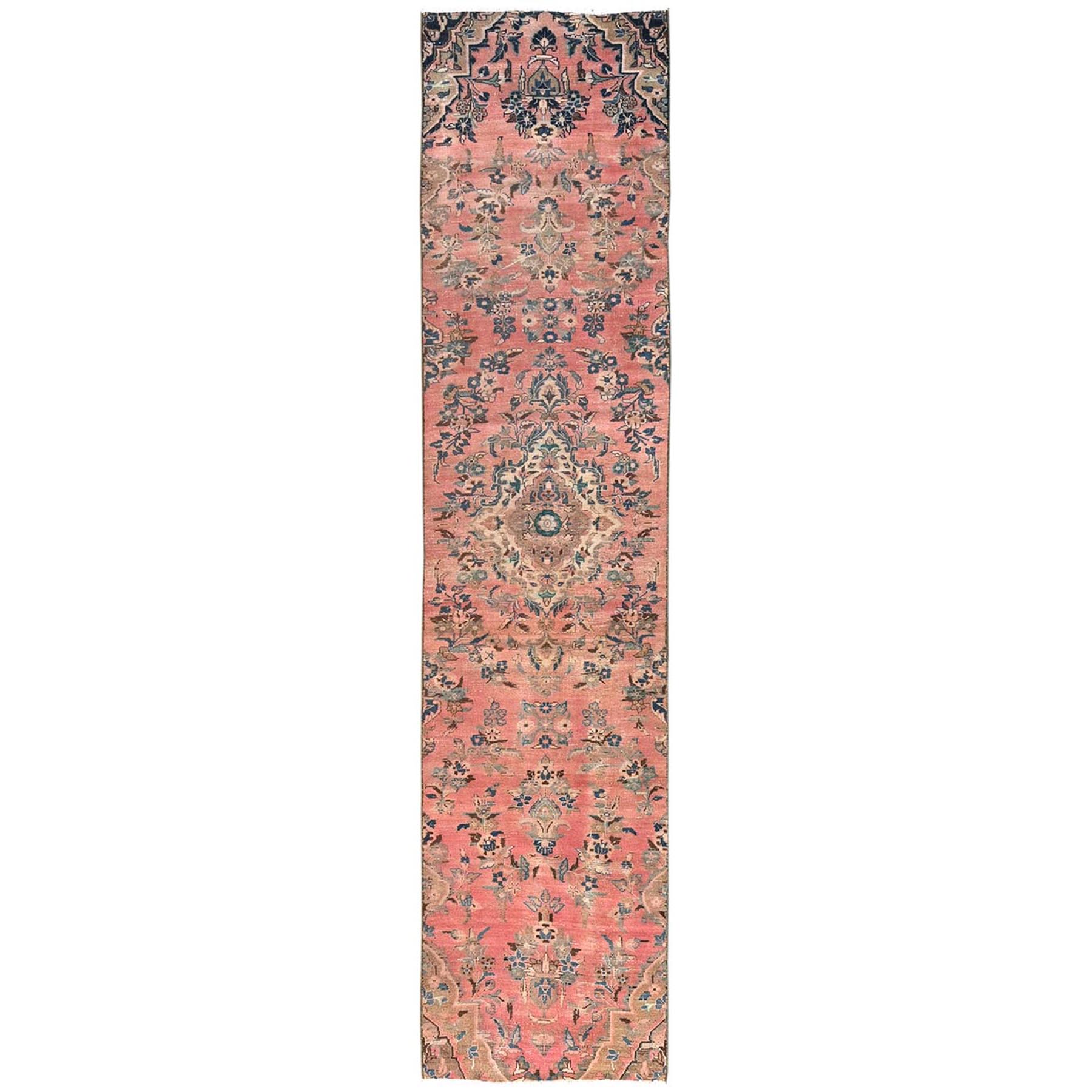 2'8"x12'9" Coral Pink, Vintage Persian Lilahan with Flower Design, 100% Wool, Hand Knotted, Cropped Thin, Worn and Distressed, Sides and Ends Professionally Secured, Runner, Oriental Rug 